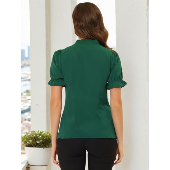 Bow Tie Neck Tops Workwear Short Sleeve Blouse Deep Green - Picture 4 of 5